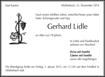Traueranzeige von Gerhard Lidle von Marbacher Zeitung