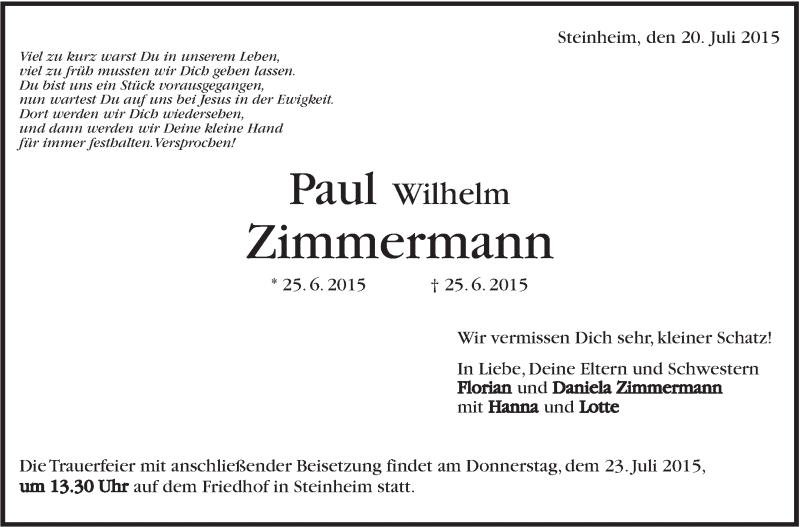  Traueranzeige für Paul Wilhelm Zimmermann vom 20.07.2015 aus Marbacher Zeitung
