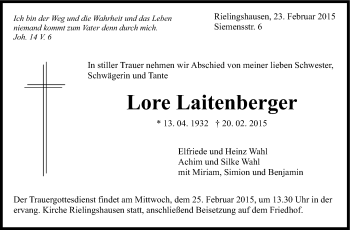 Traueranzeige von Lore Laitenberger von Marbacher Zeitung