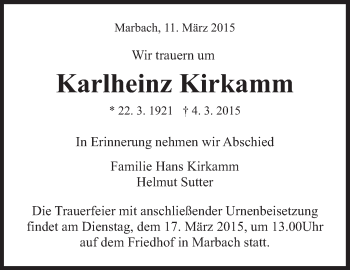 Traueranzeige von Karlheinz Kirkamm von Marbacher Zeitung