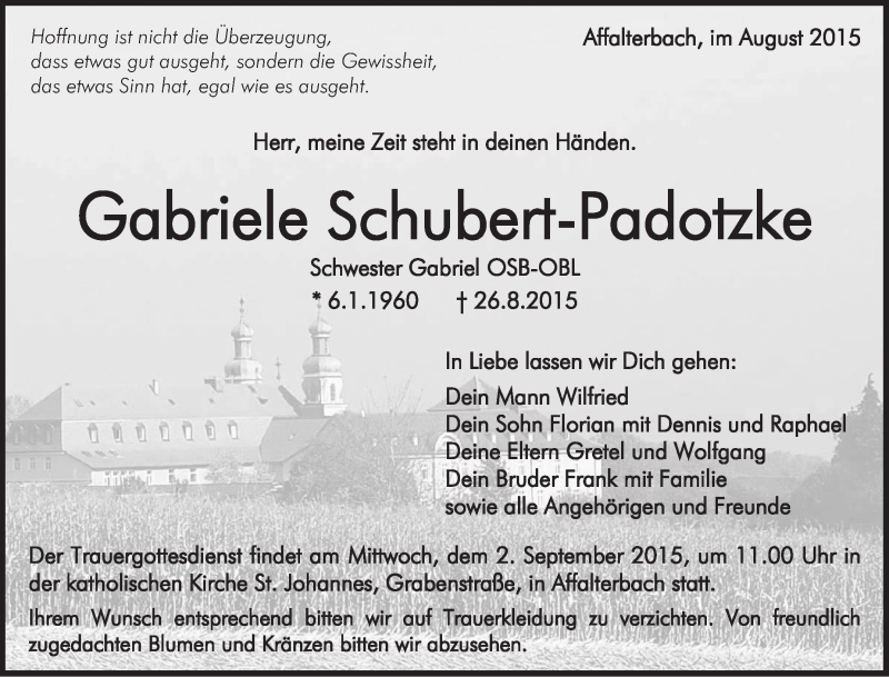 Traueranzeige für Gabriele Schubert-Padotzke vom 29.08.2015 aus Marbacher Zeitung