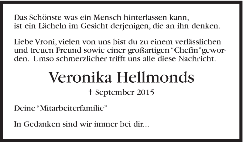  Traueranzeige für Veronika Hellmonds vom 23.09.2015 aus Marbacher Zeitung