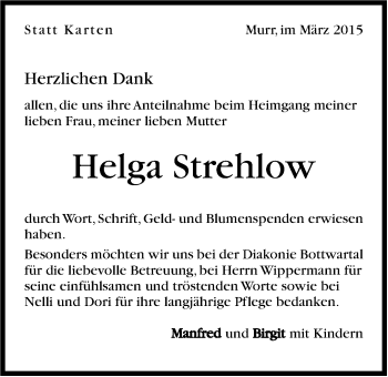 Traueranzeige von Helga Strehlow von Marbacher Zeitung