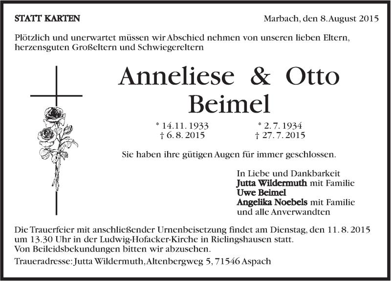  Traueranzeige für Anneliese und Otto  Beimel vom 08.08.2015 aus Marbacher Zeitung