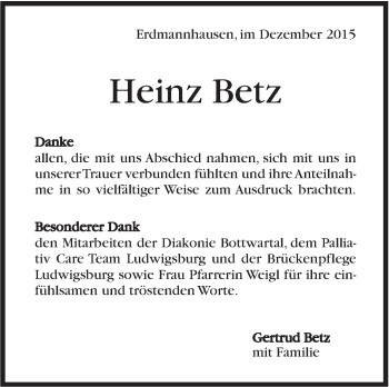 Traueranzeige von Heinz Betz  von Marbacher Zeitung