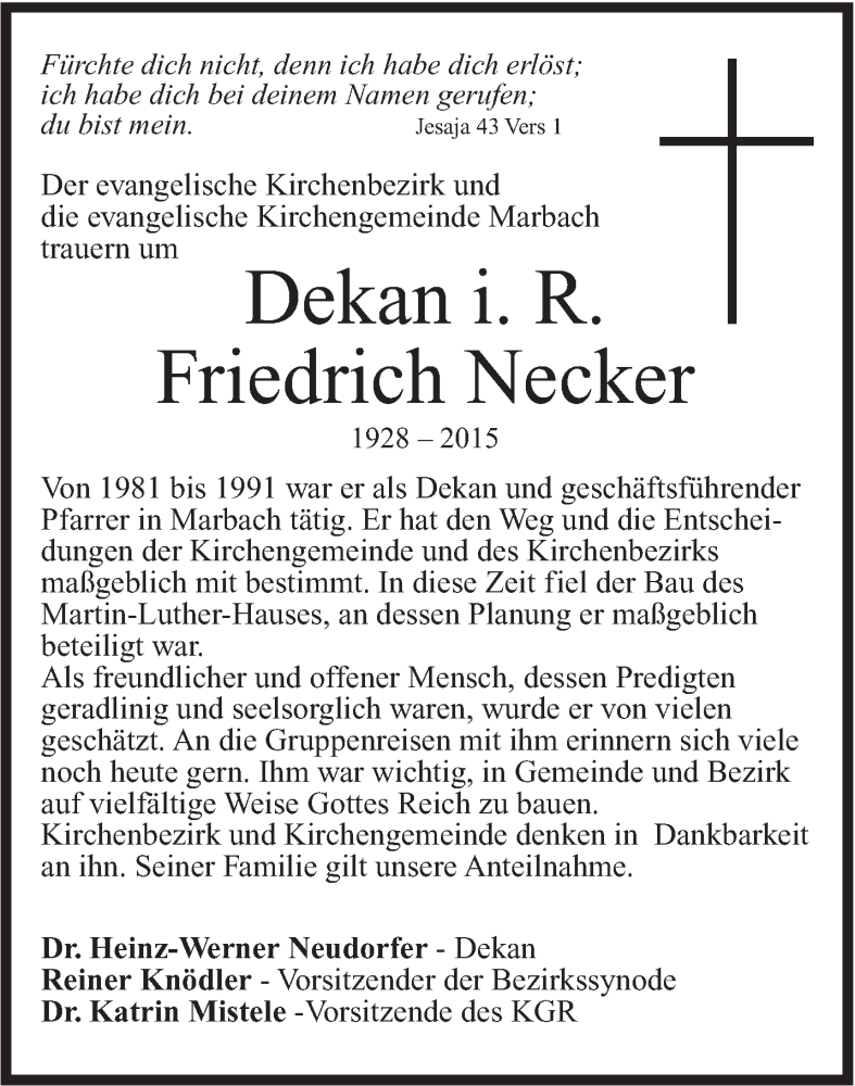  Traueranzeige für Friedrich Necker vom 18.07.2015 aus Marbacher Zeitung