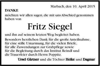 Traueranzeige von Fritz Siegel von Marbacher Zeitung