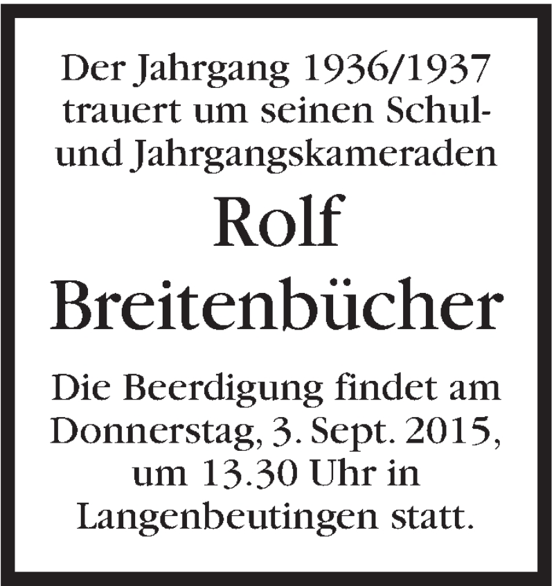  Traueranzeige für Rolf Breitenbücher vom 02.09.2015 aus Marbacher Zeitung