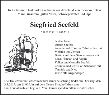 Traueranzeige von Siegfried Seefeld von Marbacher Zeitung