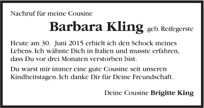  Traueranzeige für Barbara Kling vom 02.07.2015 aus Marbacher Zeitung