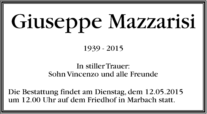  Traueranzeige für Guiseppe Mazzaris vom 08.05.2015 aus Marbacher Zeitung