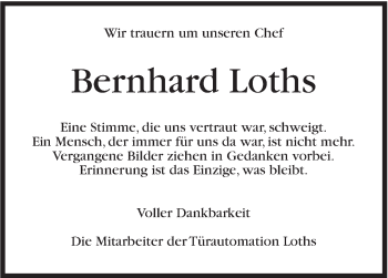 Traueranzeige von Bernhard Loths von Marbacher Zeitung