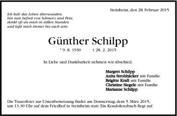Traueranzeige von Günther Schilpp von Marbacher Zeitung