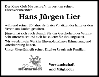 Traueranzeige von Hans Jürgen Lier von Marbacher Zeitung
