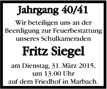 Traueranzeige von Fritz Siegel von Marbacher Zeitung