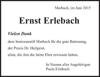 Traueranzeige von Ernst Erlebach von Marbacher Zeitung