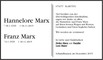 Traueranzeige von Hannelore und Franz Marx von Marbacher Zeitung