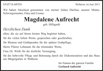 Traueranzeige von Magdalene Aufrecht von Marbacher Zeitung