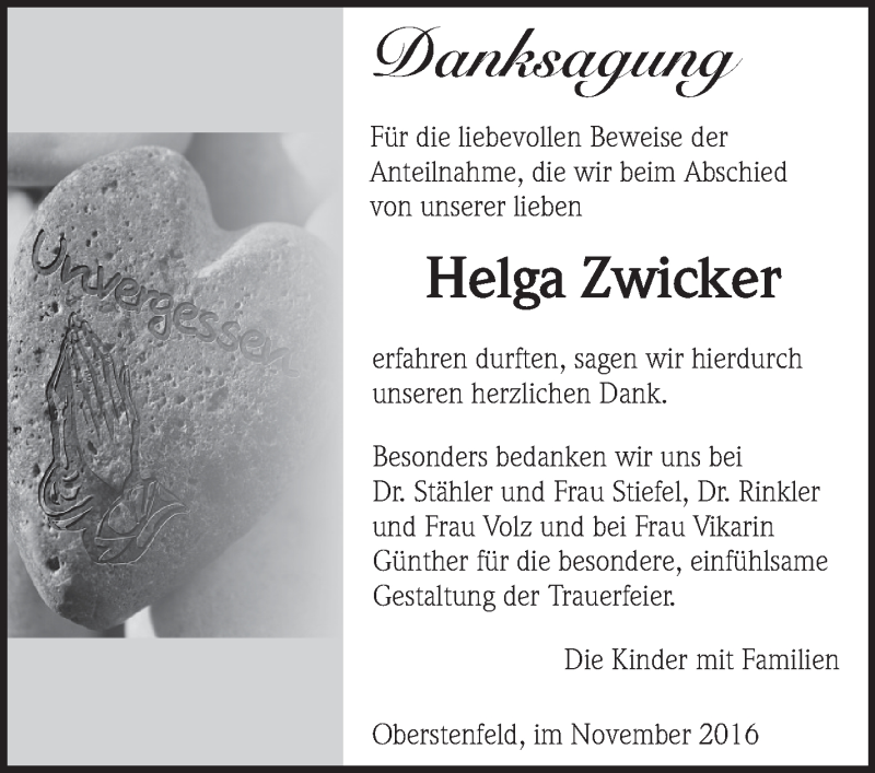  Traueranzeige für Helga Zwicker vom 18.11.2016 aus Marbacher Zeitung