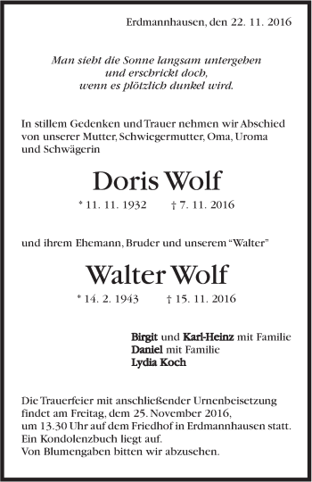 Traueranzeige von Doris/Walter Wolf von Marbacher Zeitung