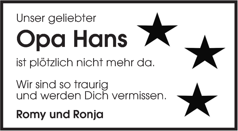  Traueranzeige für Hans  vom 02.11.2016 aus Marbacher Zeitung