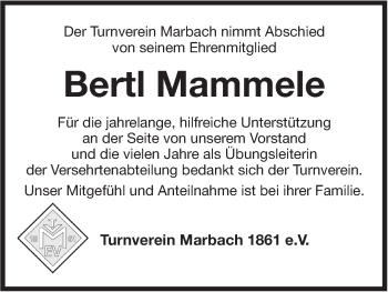 Traueranzeige von Bertl Mammele von Marbacher Zeitung