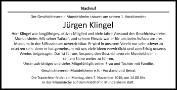 Traueranzeige von Jürgen Klingel von Marbacher Zeitung