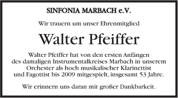 Traueranzeige von Walter Pfeiffer von Marbacher Zeitung