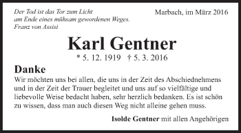 Traueranzeige von Karl Gentner von Marbacher Zeitung
