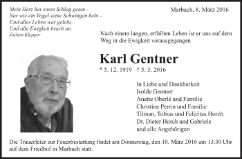 Traueranzeige von Karl Gentner von Marbacher Zeitung