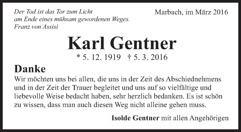  Traueranzeige für Karl Gentner vom 26.03.2016 aus Marbacher Zeitung