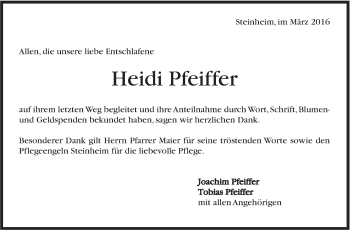 Traueranzeige von Heidi Pfeiffer von Marbacher Zeitung