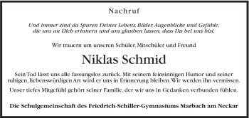 Traueranzeige von Niklas Schmid von Marbacher Zeitung