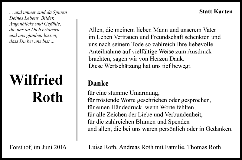  Traueranzeige für Wilfried Roth vom 18.06.2016 aus Marbacher Zeitung
