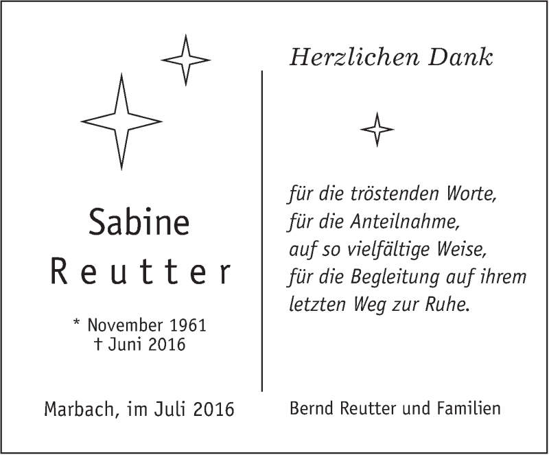  Traueranzeige für Sabine Reutter vom 08.07.2016 aus Marbacher Zeitung