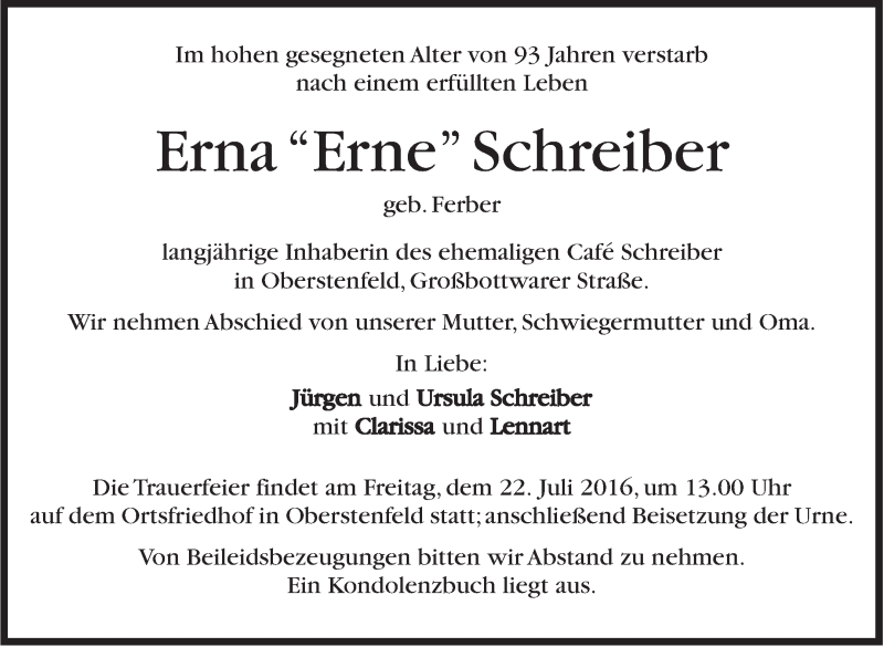  Traueranzeige für Erna Schreiber vom 19.07.2016 aus Marbacher Zeitung