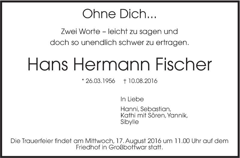  Traueranzeige für Hans Hermann Fischer vom 13.08.2016 aus Marbacher Zeitung
