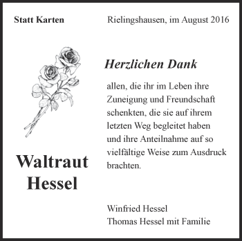 Traueranzeige von Waltraud Hessel von Marbacher Zeitung
