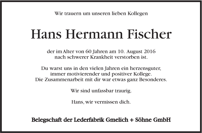  Traueranzeige für Hans Hermann Fischer vom 13.08.2016 aus Marbacher Zeitung