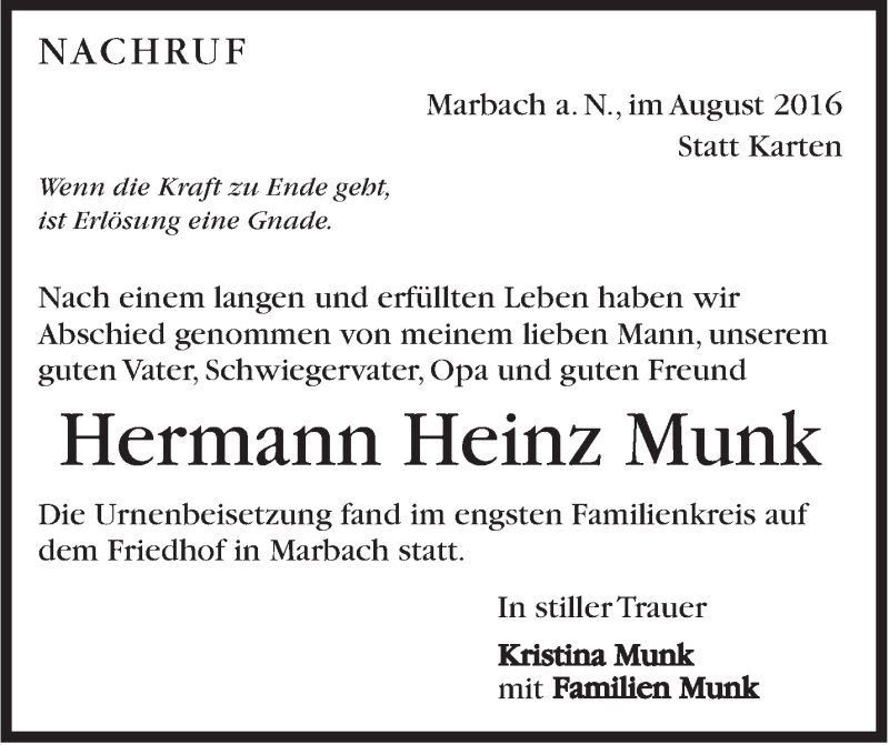  Traueranzeige für Hermann Heinz Munk vom 20.08.2016 aus Marbacher Zeitung