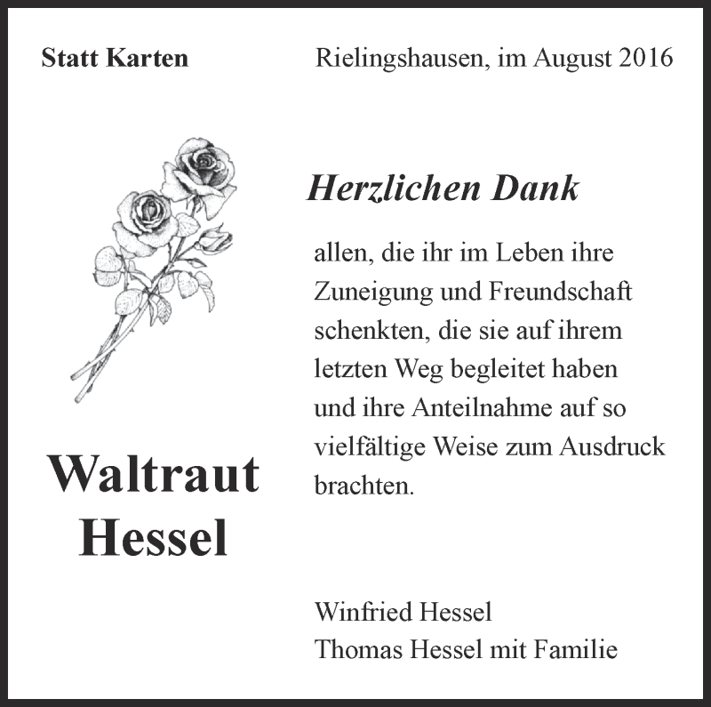  Traueranzeige für Waltraud Hessel vom 19.08.2016 aus Marbacher Zeitung