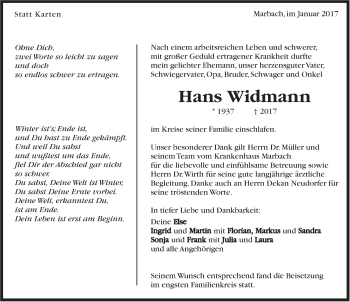 Traueranzeige von Hans Widmann von Marbacher Zeitung