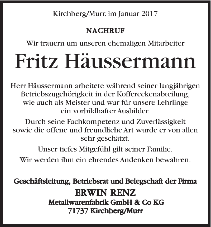  Traueranzeige für Fritz Häussermann vom 11.01.2017 aus Marbacher Zeitung