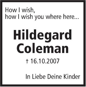 Traueranzeige von Hildegard Coleman von Marbacher Zeitung