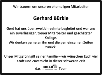 Traueranzeige von Gerhard Bürkle von Marbacher Zeitung