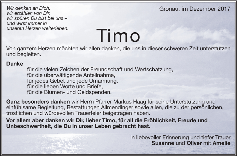  Traueranzeige für Timo  vom 14.12.2017 aus Marbacher Zeitung