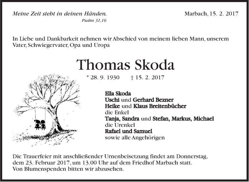  Traueranzeige für Thomas Skoda vom 20.02.2017 aus Marbacher Zeitung