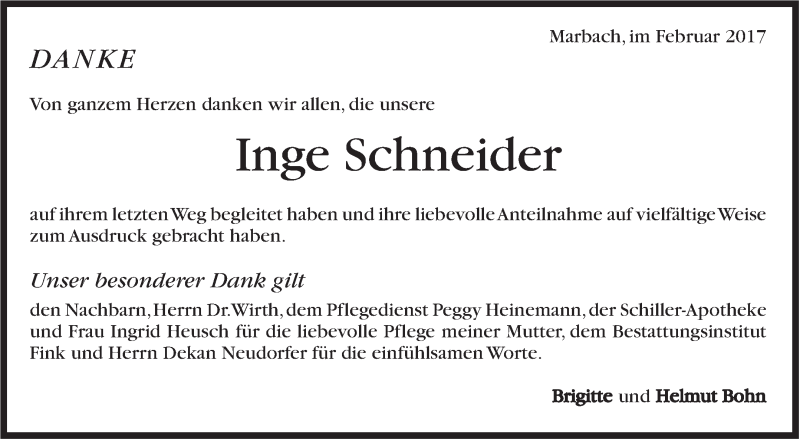  Traueranzeige für Inge Schneider vom 15.02.2017 aus Marbacher Zeitung