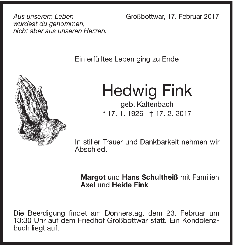  Traueranzeige für Hedwig Fink vom 20.02.2017 aus Marbacher Zeitung