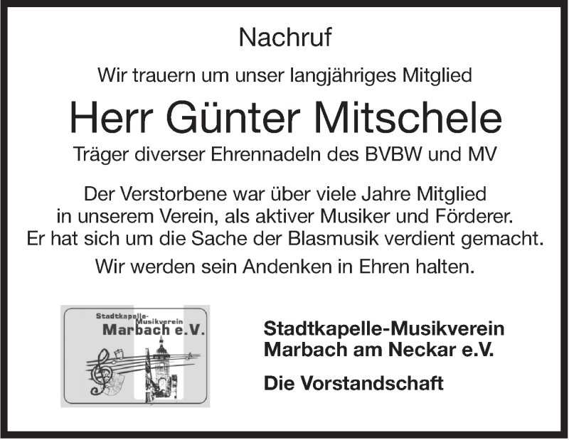  Traueranzeige für Günter Mitschele vom 03.03.2017 aus Marbacher Zeitung